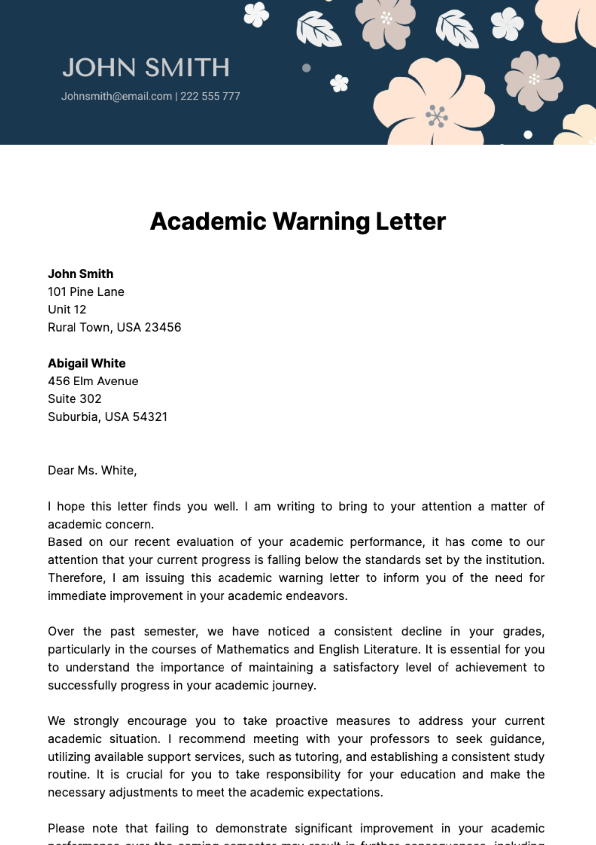 Free Academic Warning Letter Template