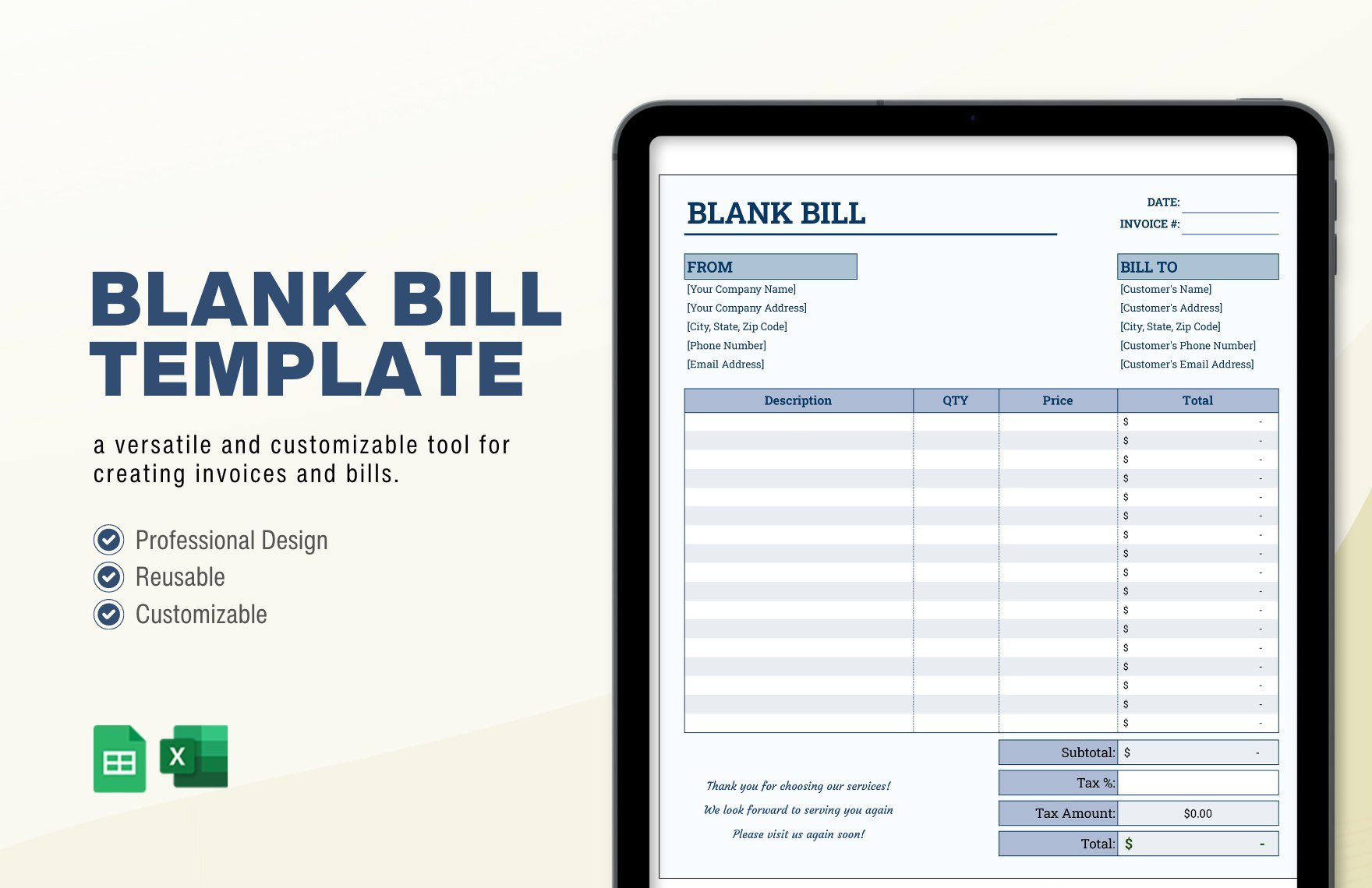 Free Blank Bill Template in Excel, Google Sheets