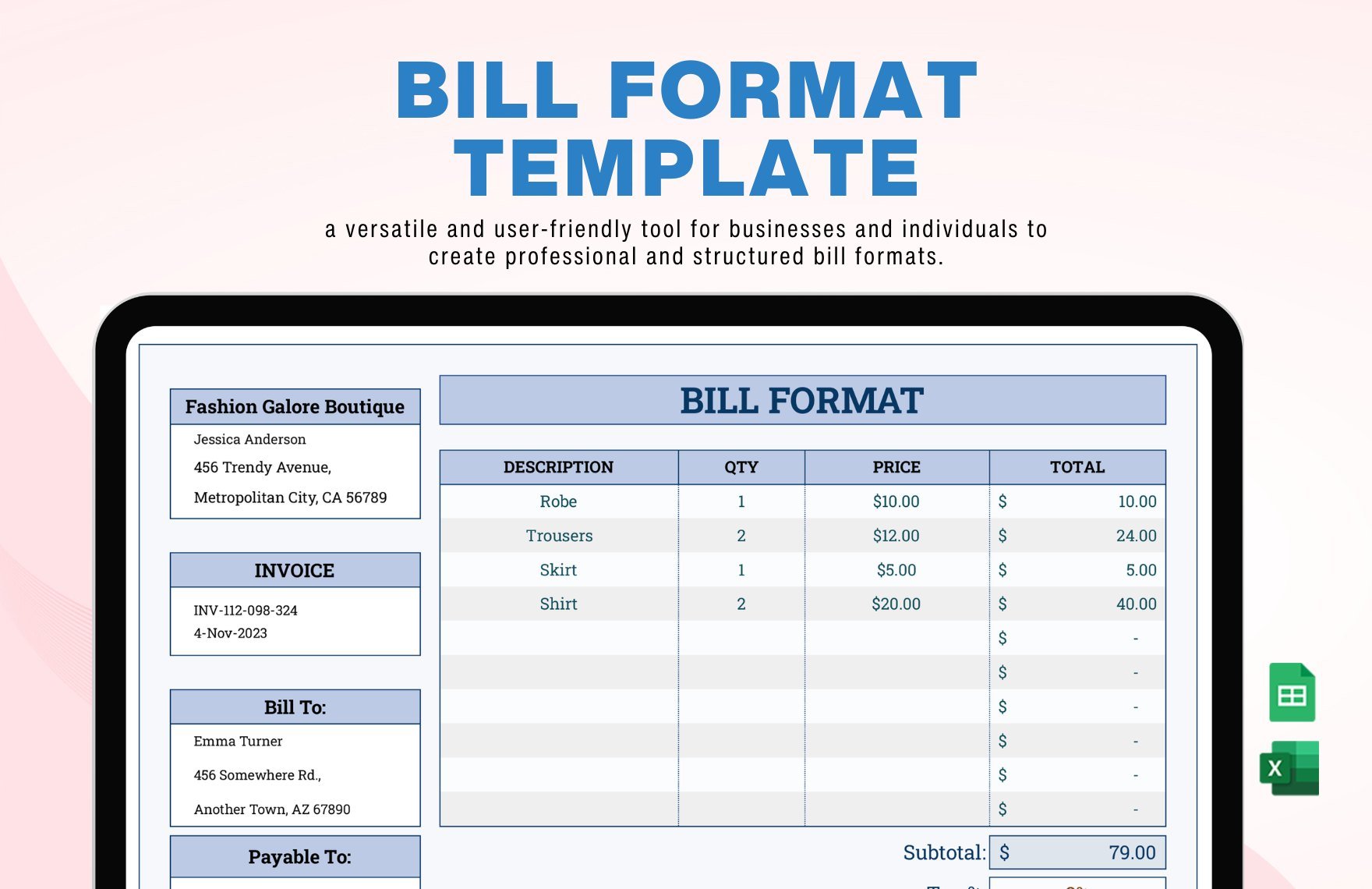 Free Bill Format Template in Excel, Google Sheets