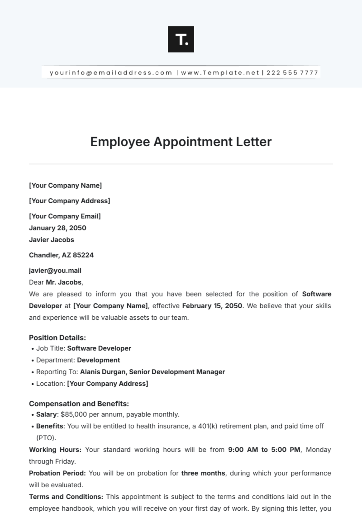 Employee Appointment Letter Template - Edit Online & Download