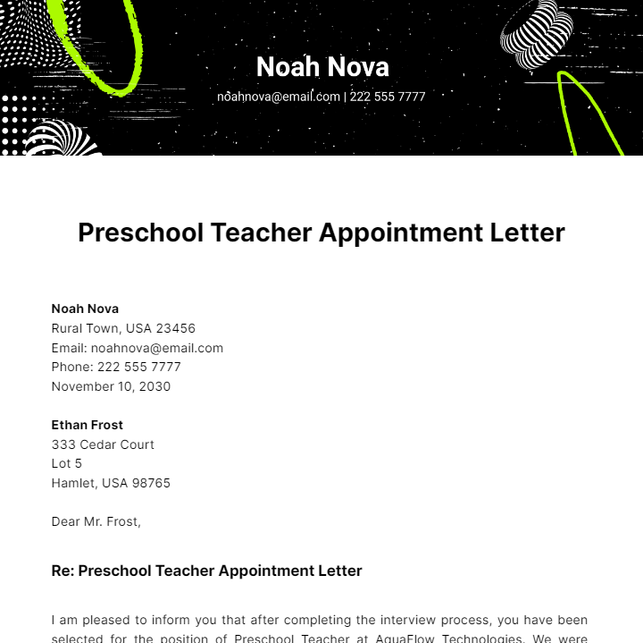 Preschool Teacher Appointment Letter Template