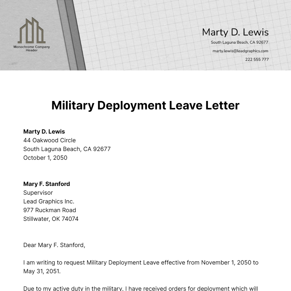 Military Deployment Leave Letter Template