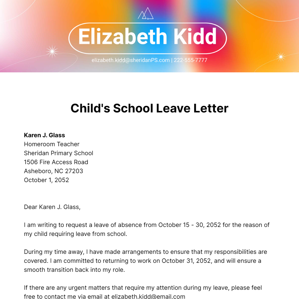 Child's School Leave Letter Template