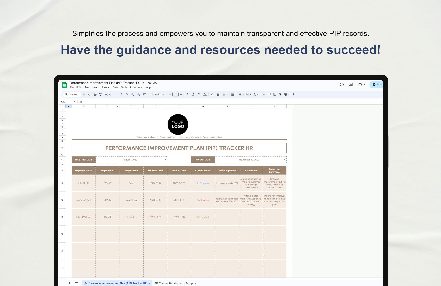 Performance Improvement Plan (PIP) Tracker HR Template