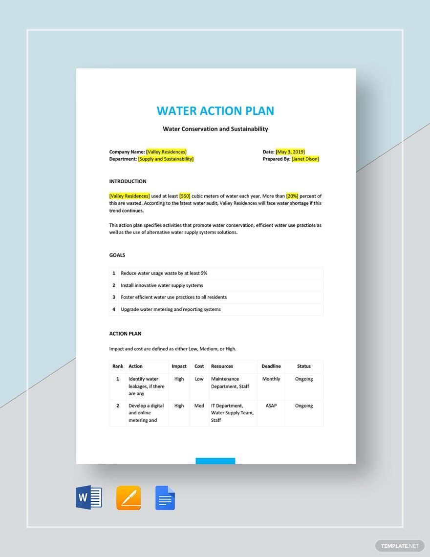 Water Action Plan Template in Word, Google Docs, Apple Pages