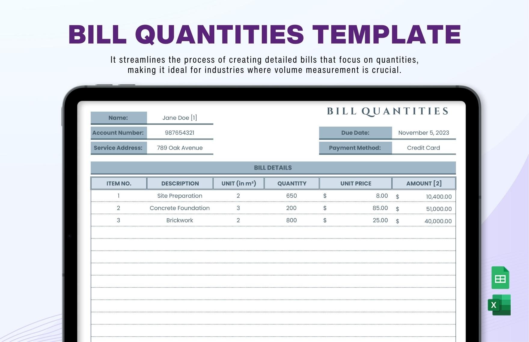Bill Quantities Template in Excel, Google Sheets