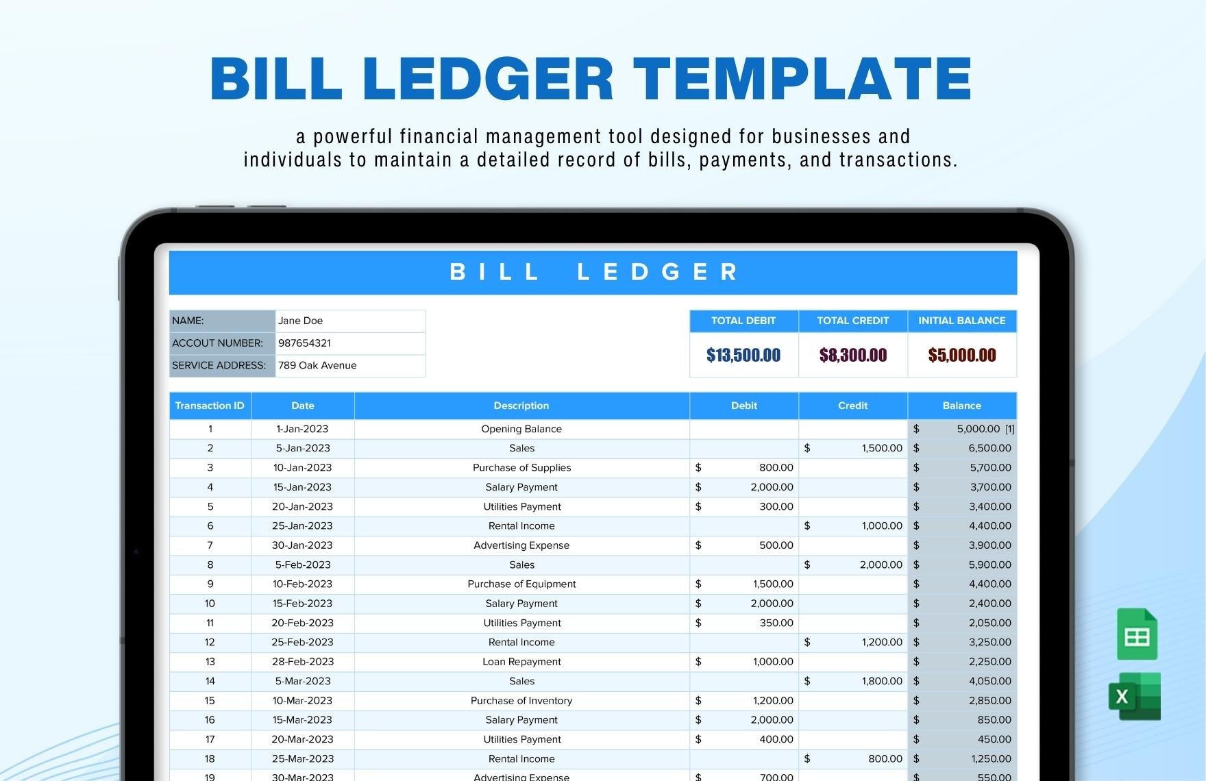 Bill Ledger Template in Excel, Google Sheets