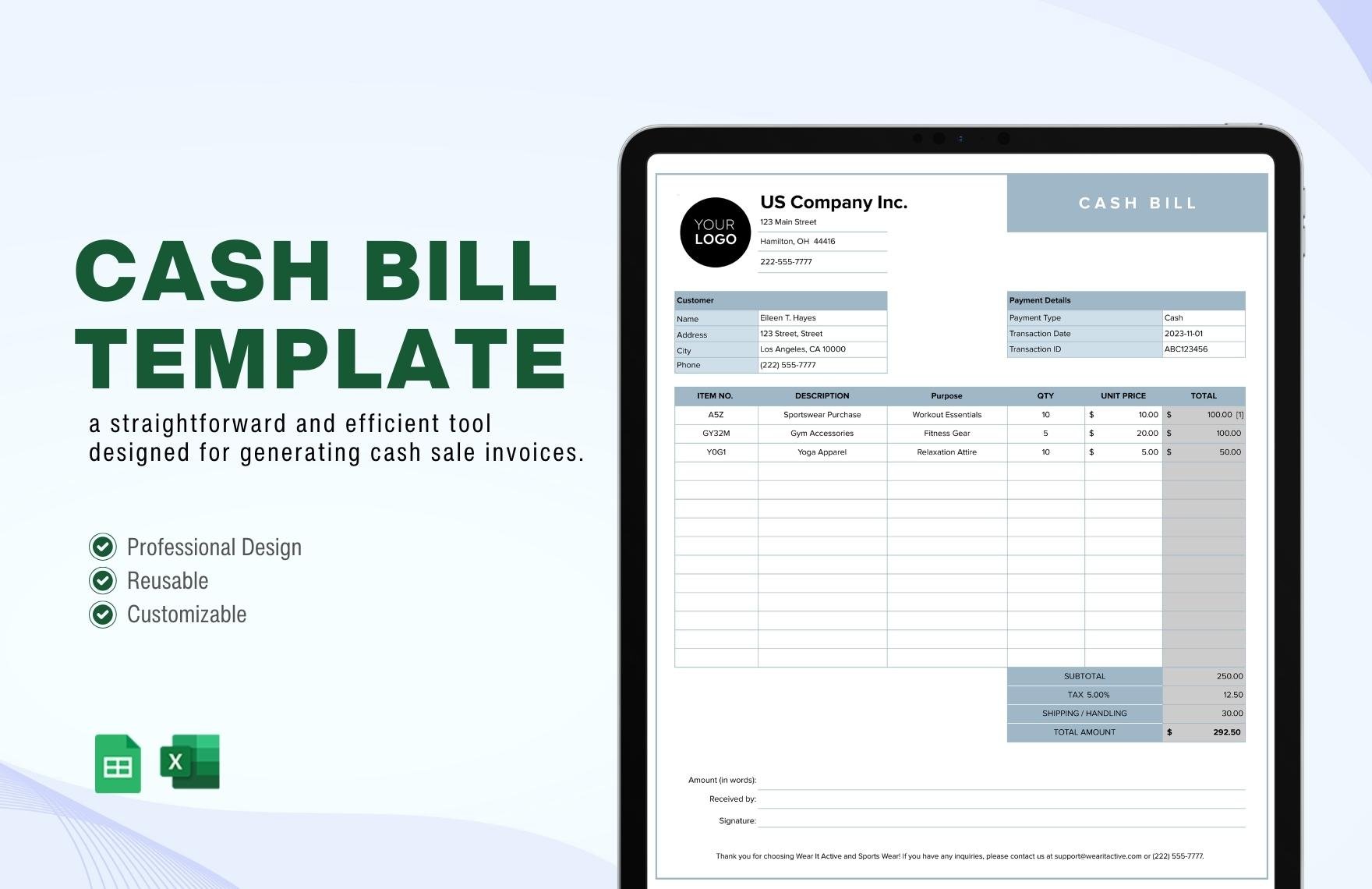 Cash Bill Template in Excel, Google Sheets