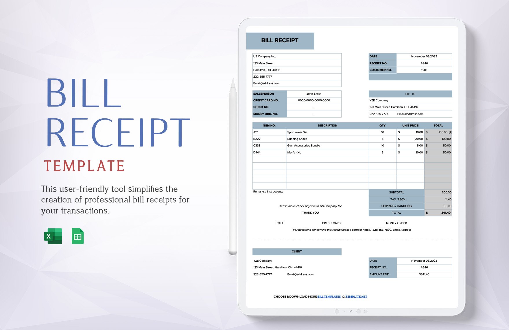 Free Bill Receipt Template in Excel, Google Sheets