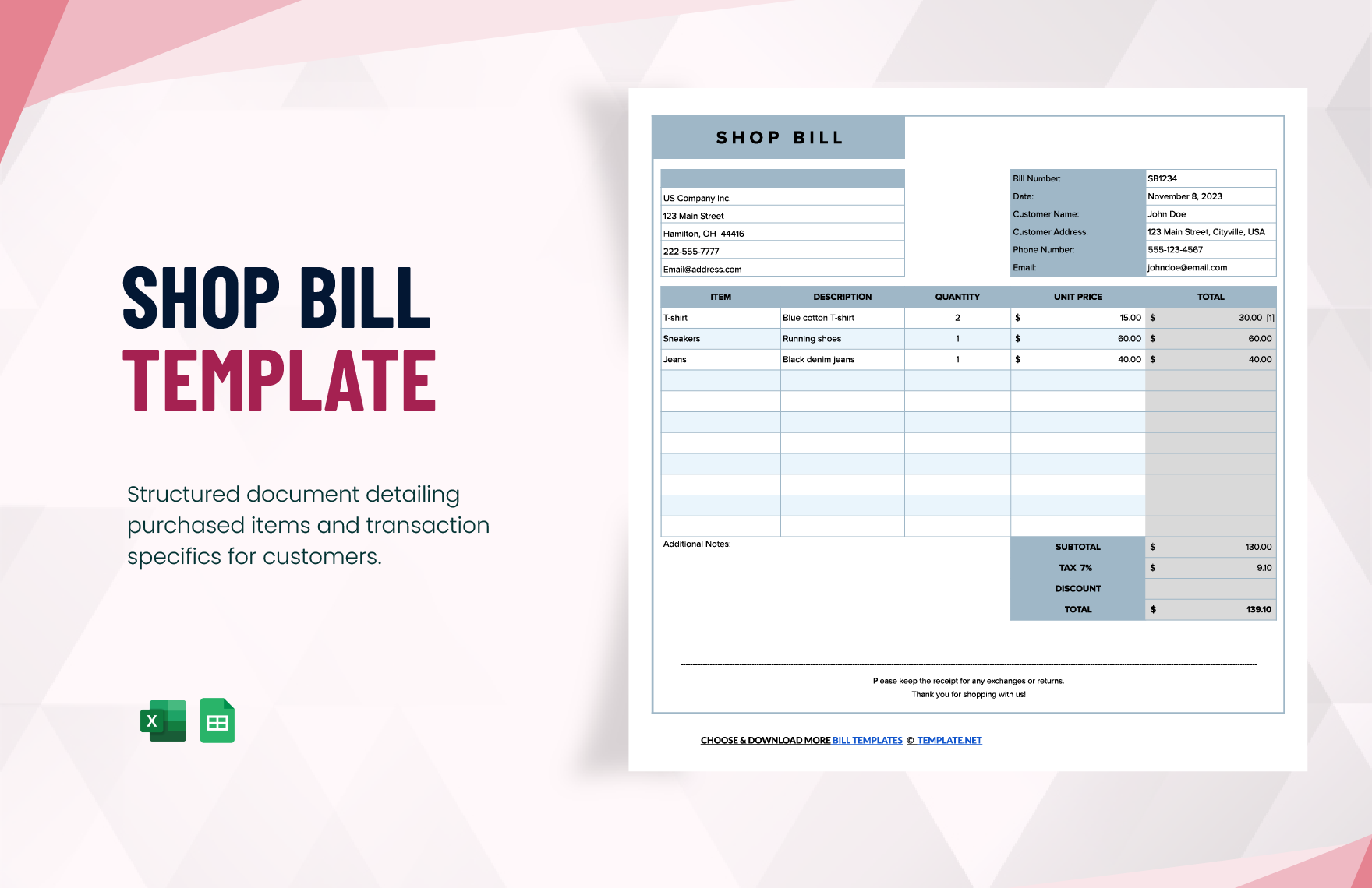 Free Shop Bill Template in Excel, Google Sheets
