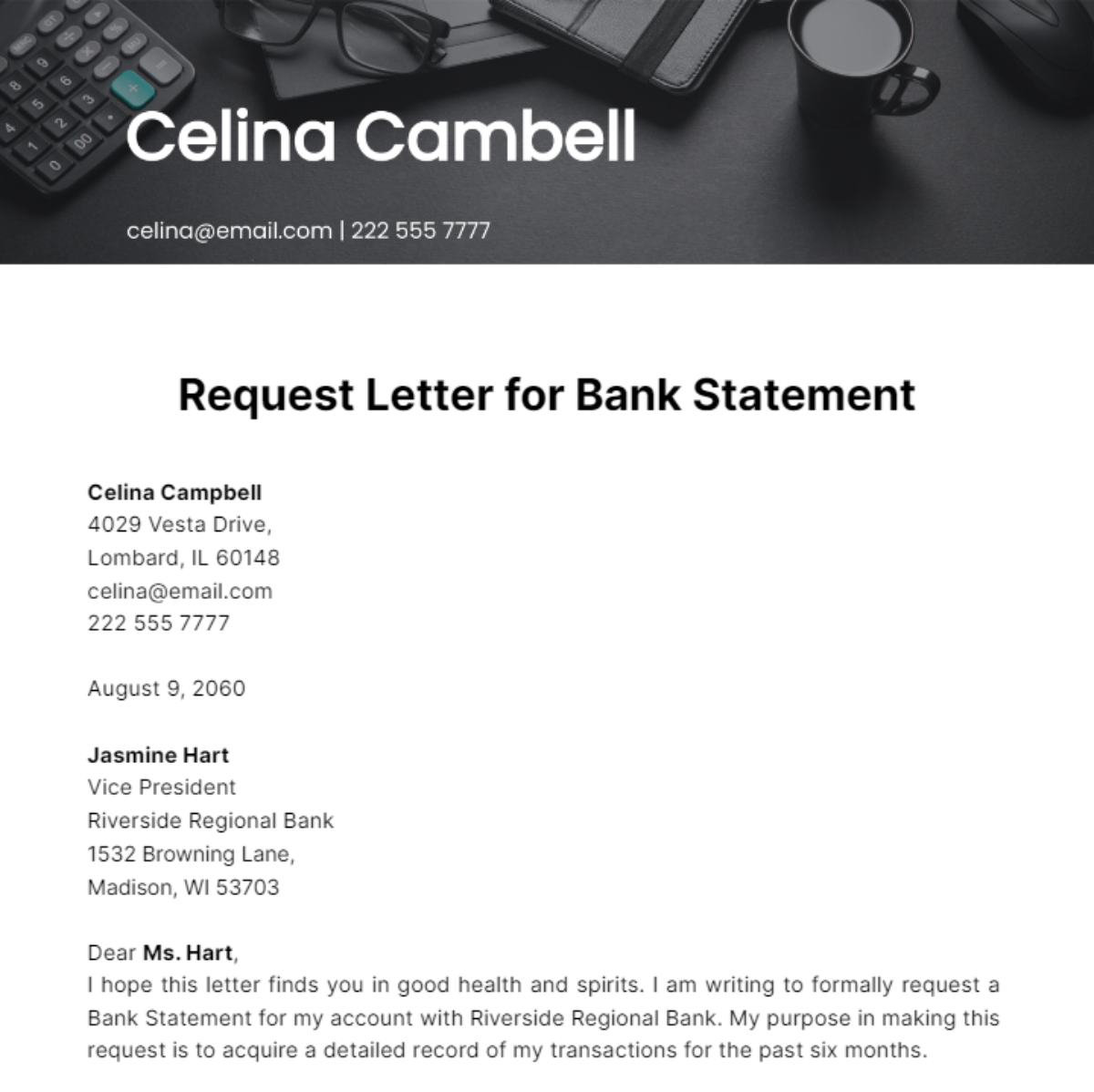 Request Letter for Bank Statement  Template
