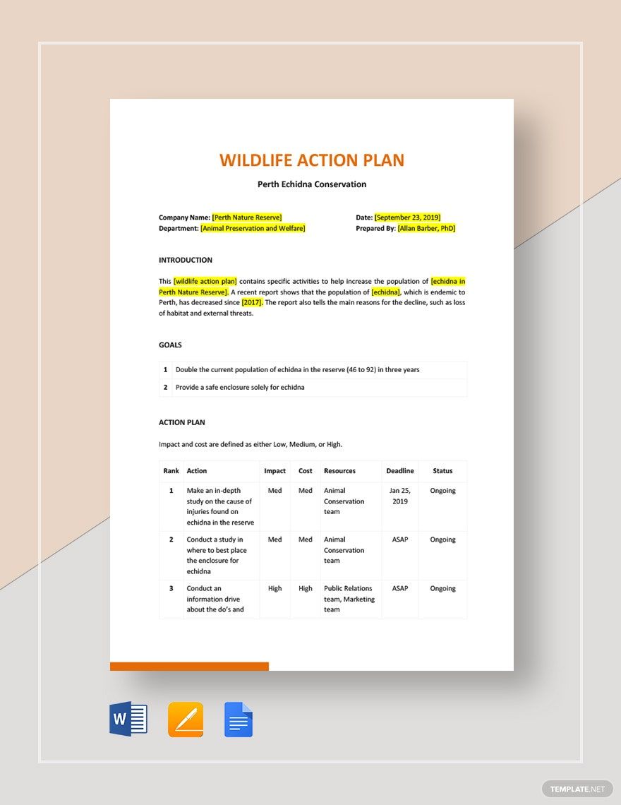 Wildlife Action Action Plan Template