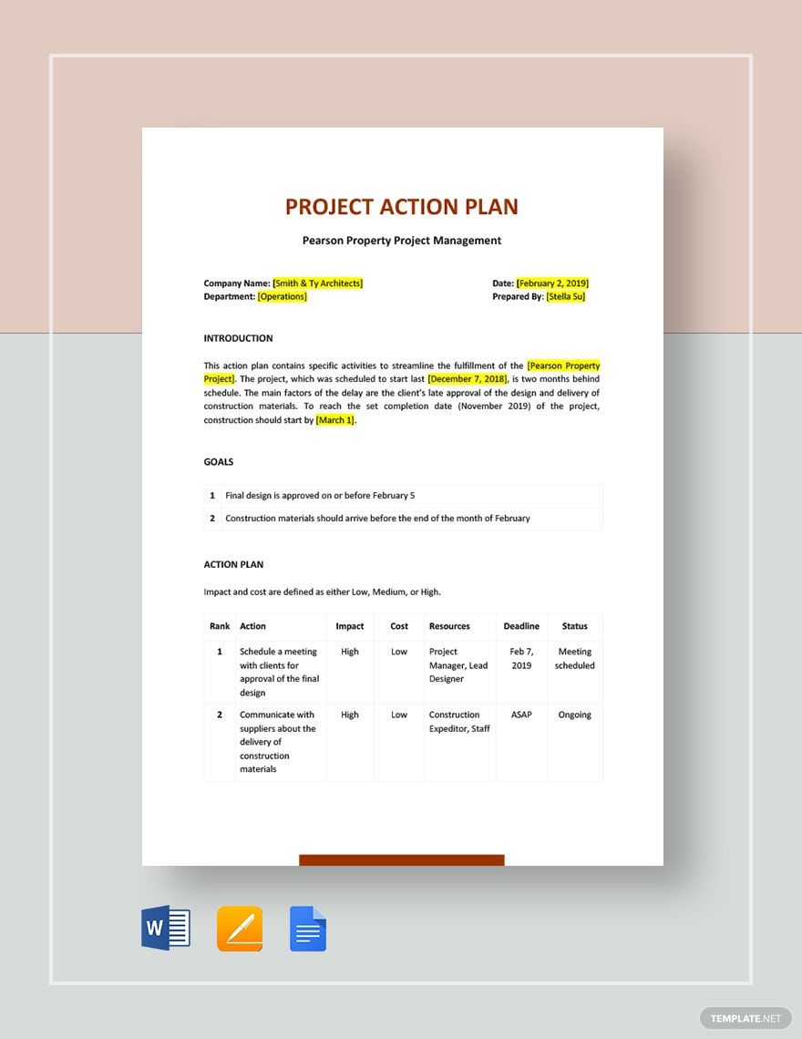 Basic Project Action Plan Template in Word, Google Docs, Apple Pages