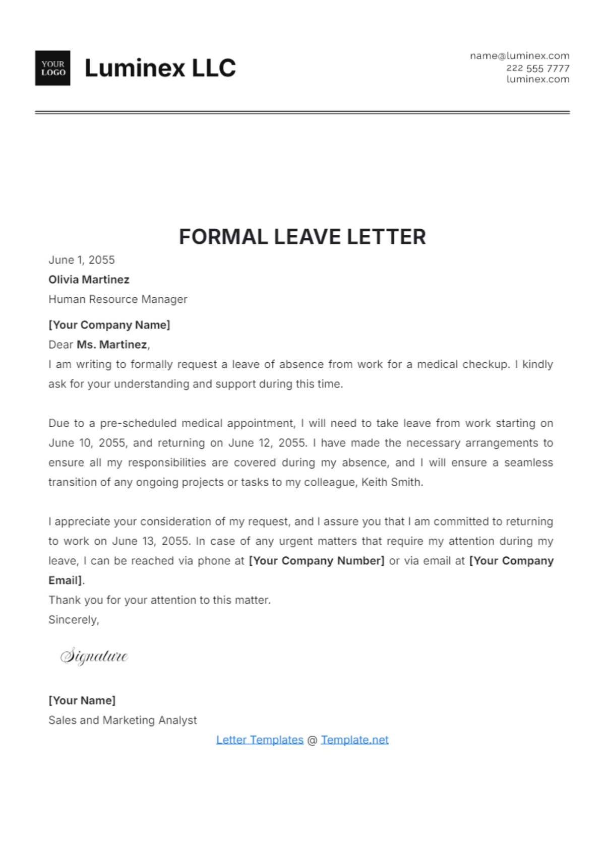 Formal Leave Letter Template - Edit Online & Download