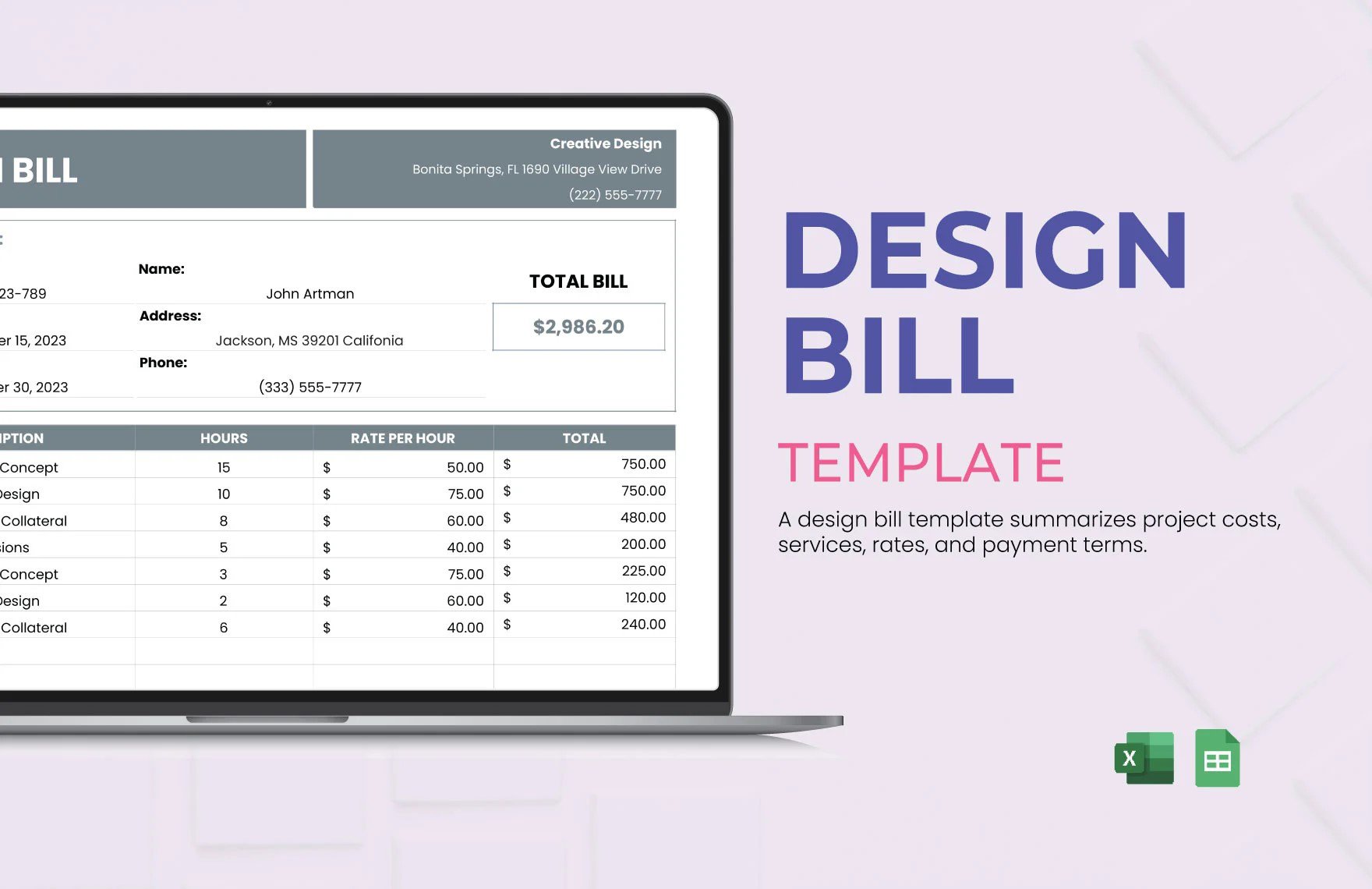 Free Design Bill Template in Excel, Google Sheets