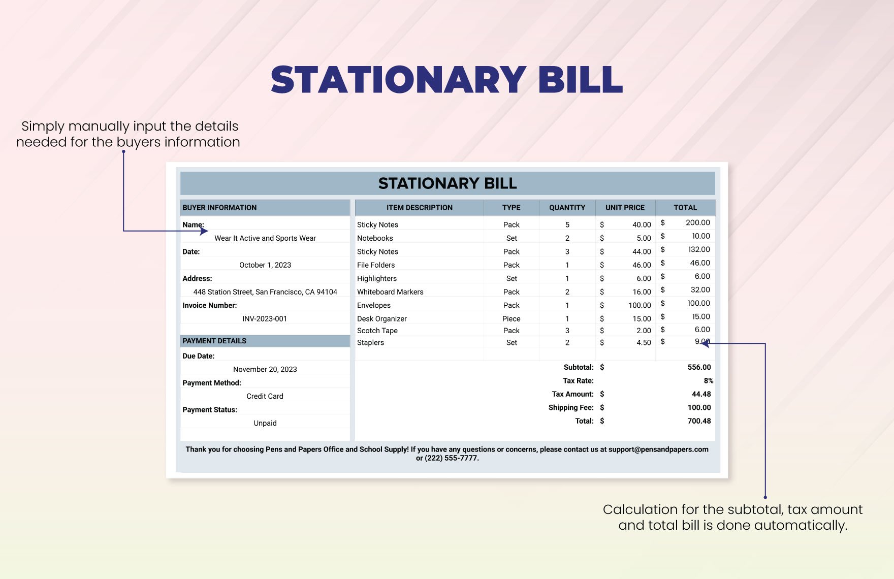 Stationary Bill Template