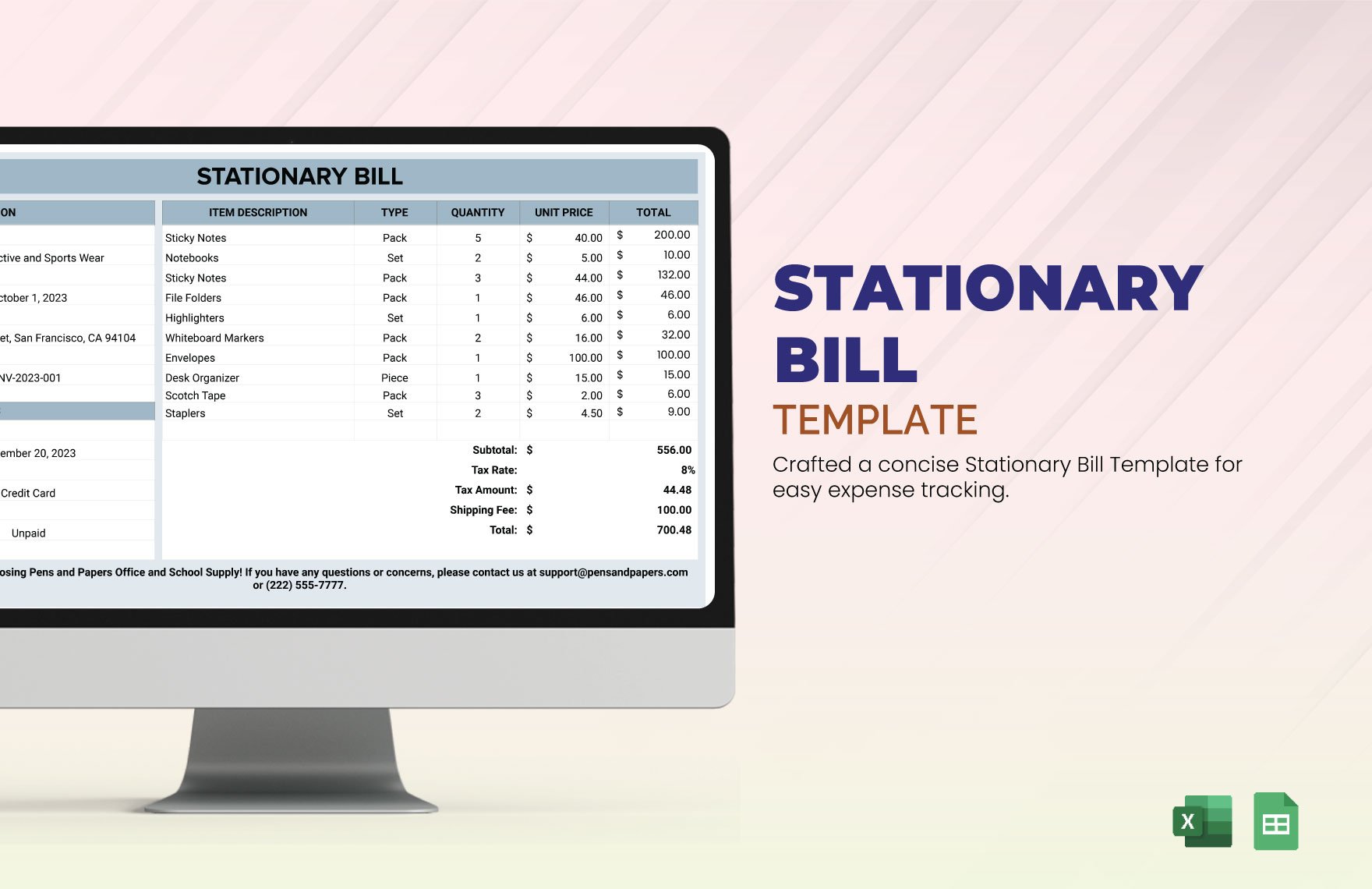 Stationary Bill Template in Excel, Google Sheets