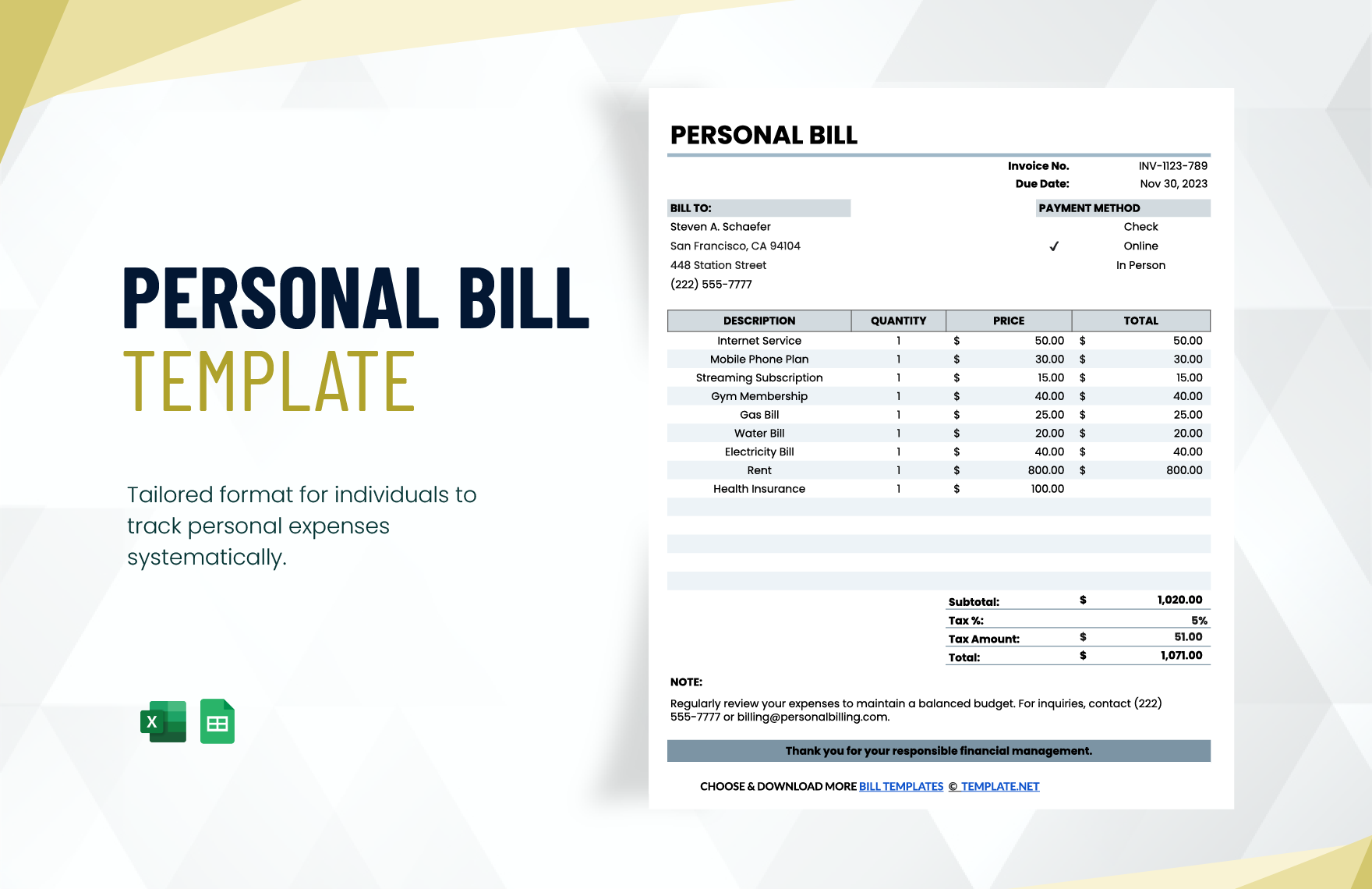 Free Personal Bill Template in Excel, Google Sheets