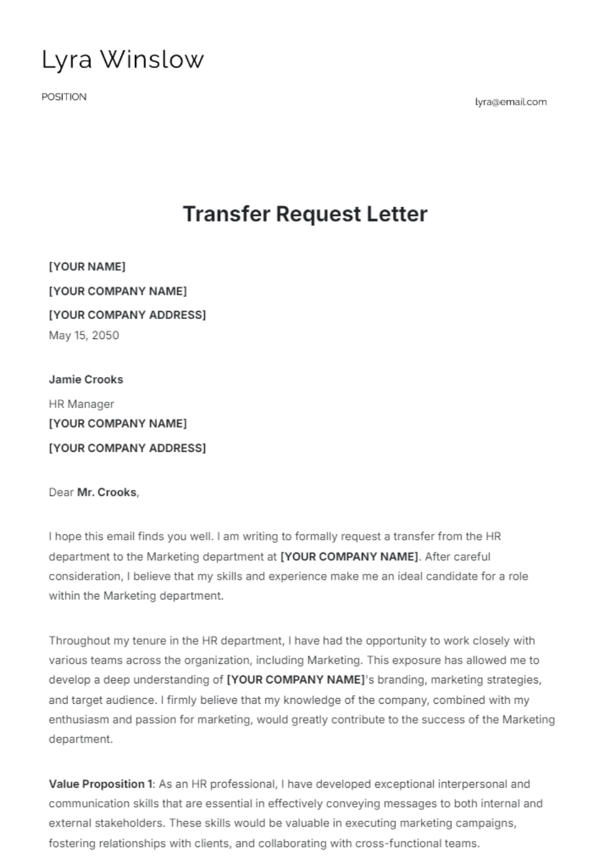 Transfer Request Letter  Template