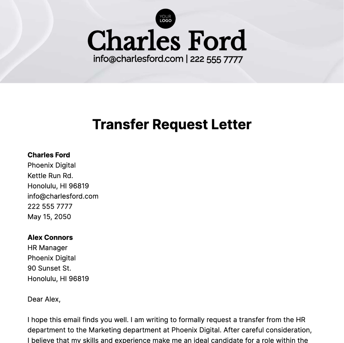 Transfer Request Letter  Template