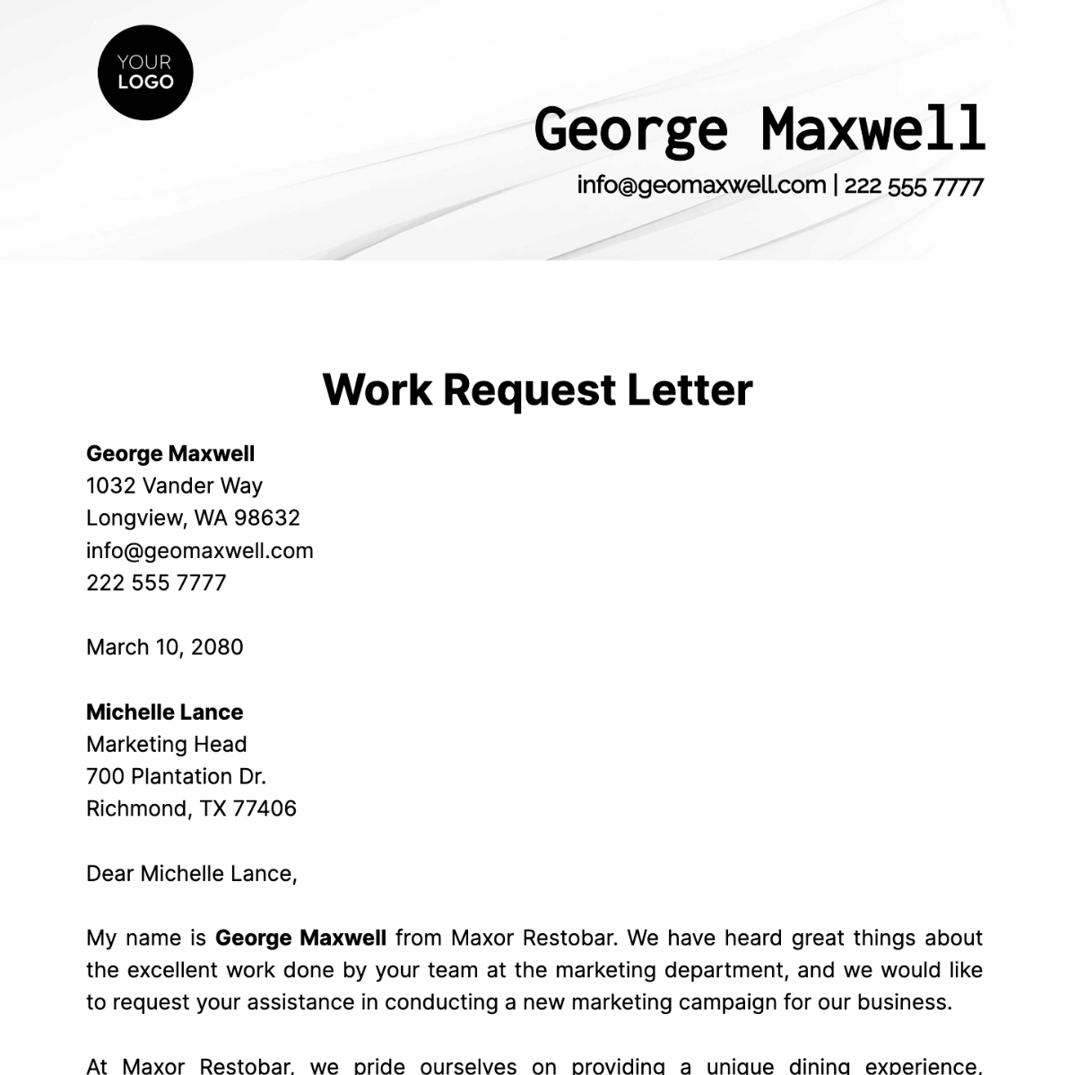 Work Request Letter  Template