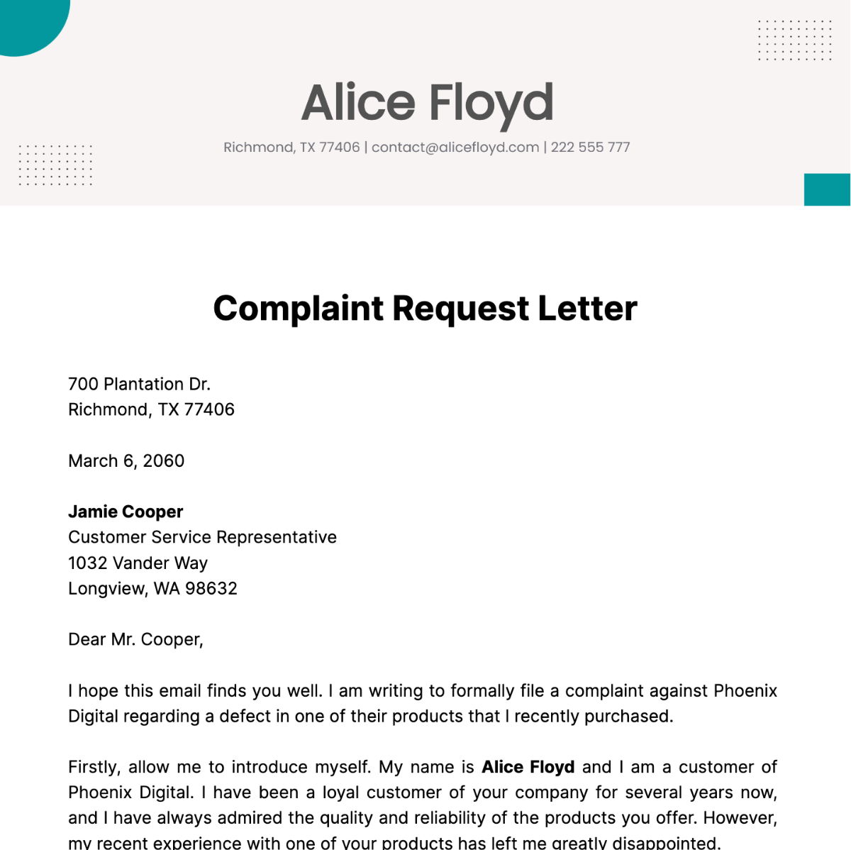 Complaint Request Letter  Template