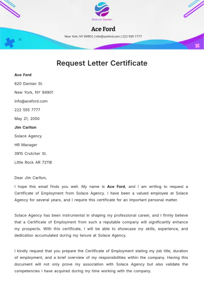 Free Request Letter Certificate  Template to Edit Online