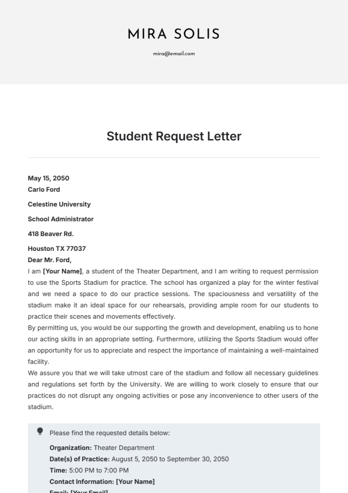 Student Request Letter Template - Edit Online & Download