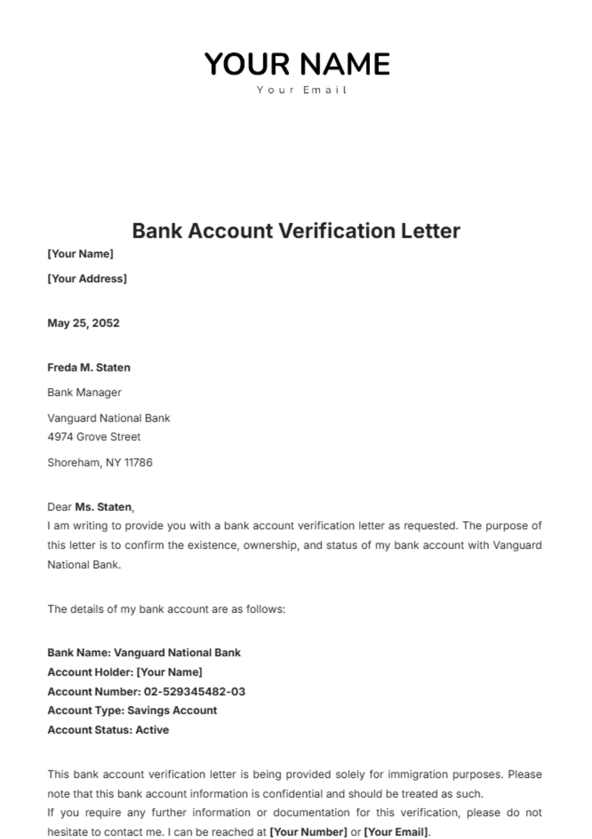 Bank Account Verification Letter Template