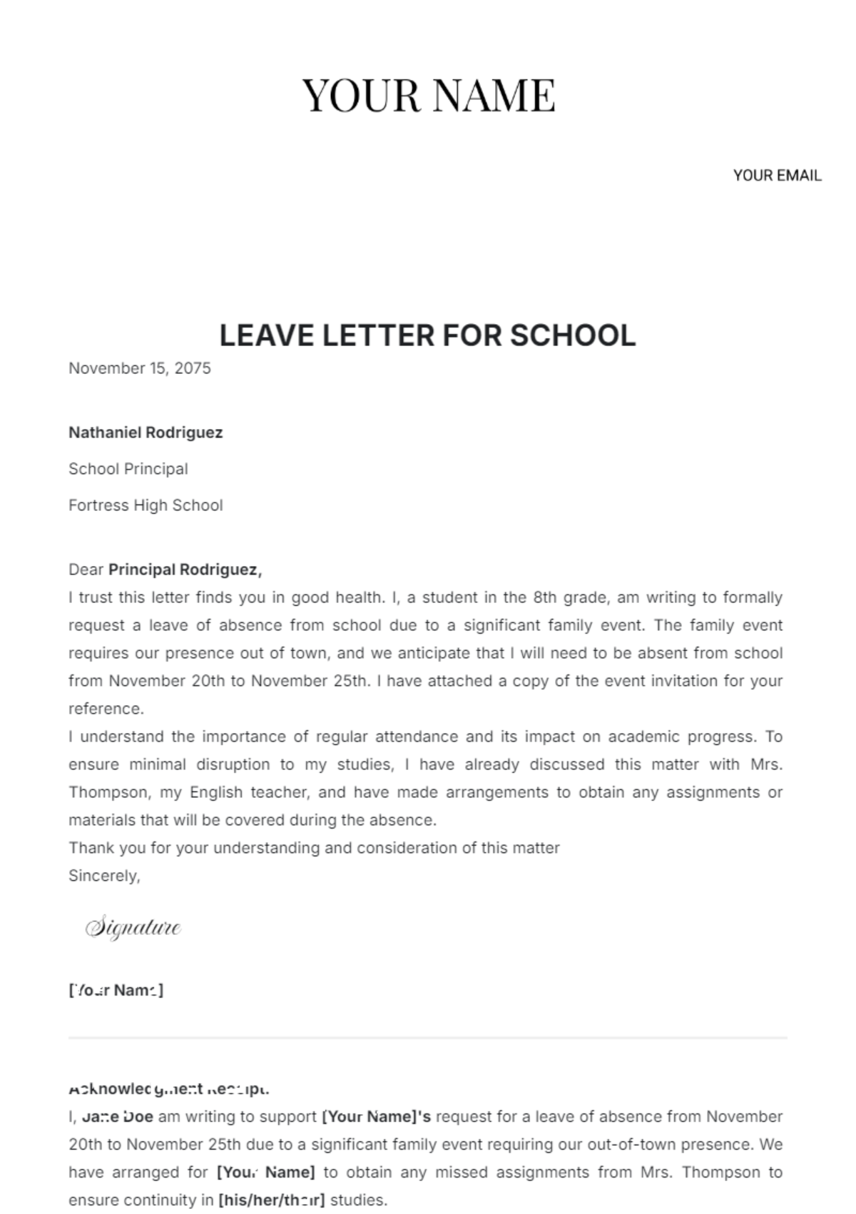 Leave Letter for School Template - Edit Online & Download
