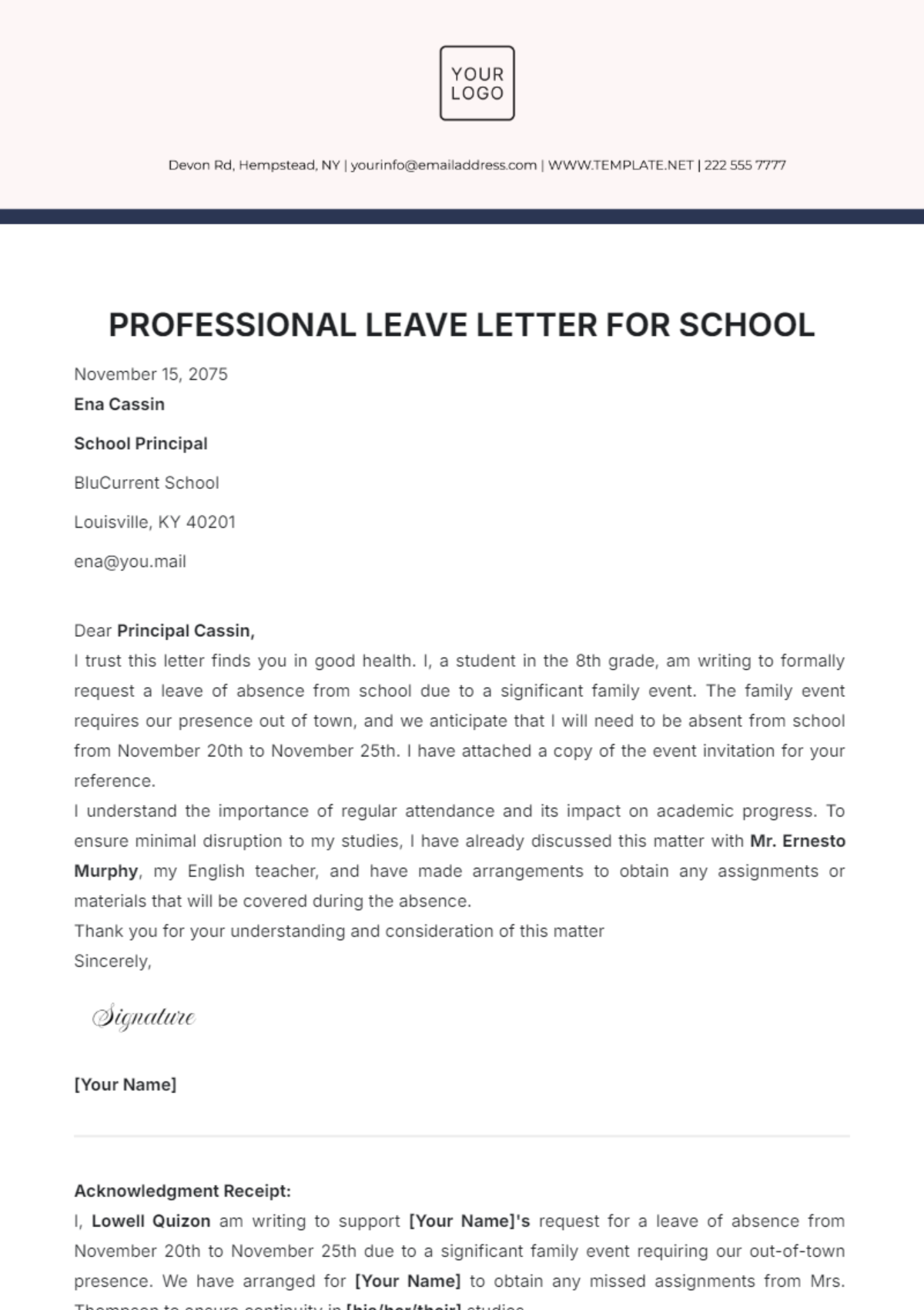 Professional Leave Letter for School Template - Edit Online & Download