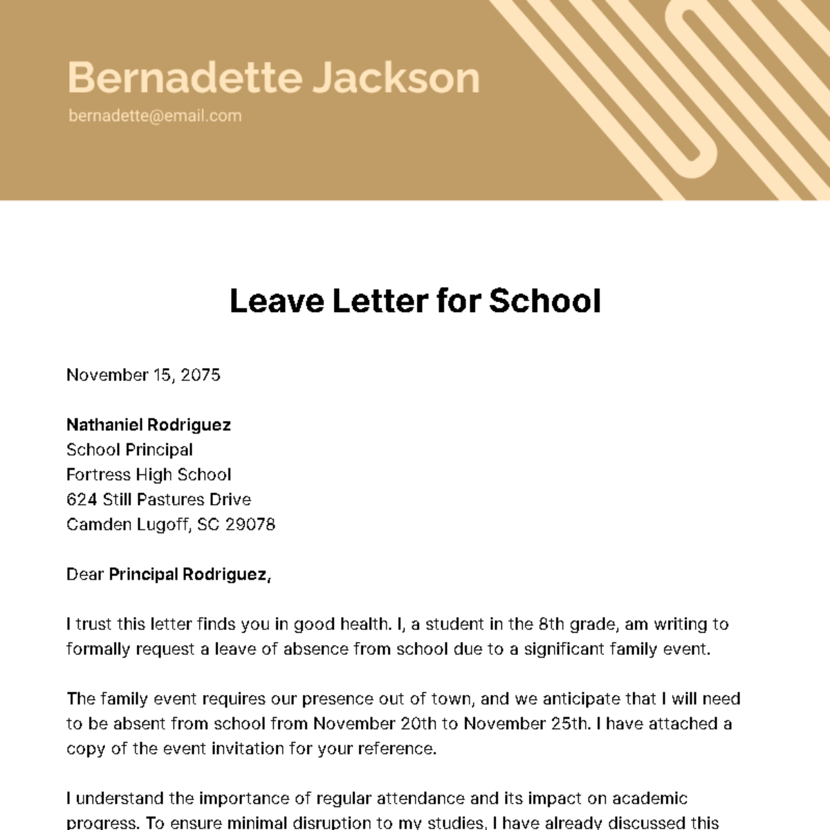 Leave Letter for School Template