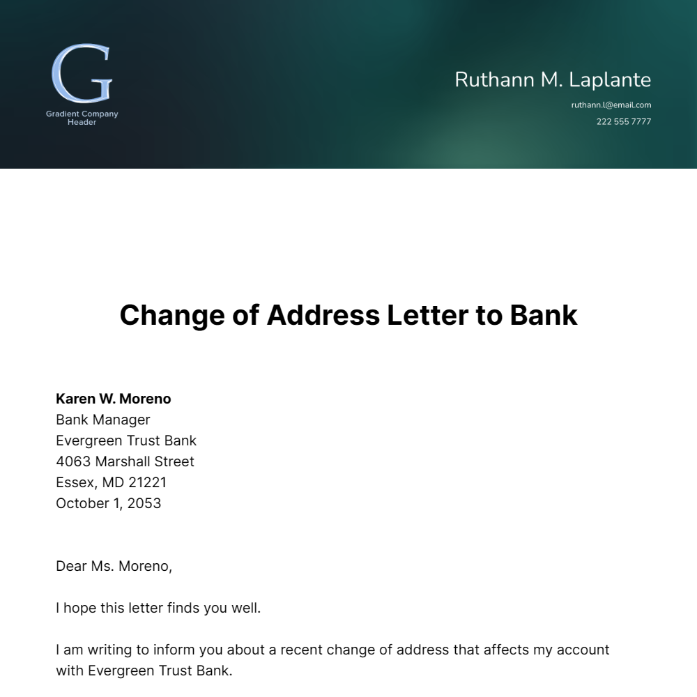 Change of Address Letter to Bank Template