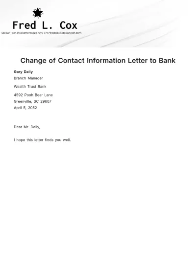 Free Change of Contact Information Letter to Bank Template to Edit Online