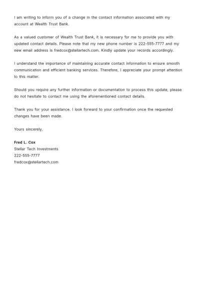 Free Change of Contact Information Letter to Bank Template to Edit Online