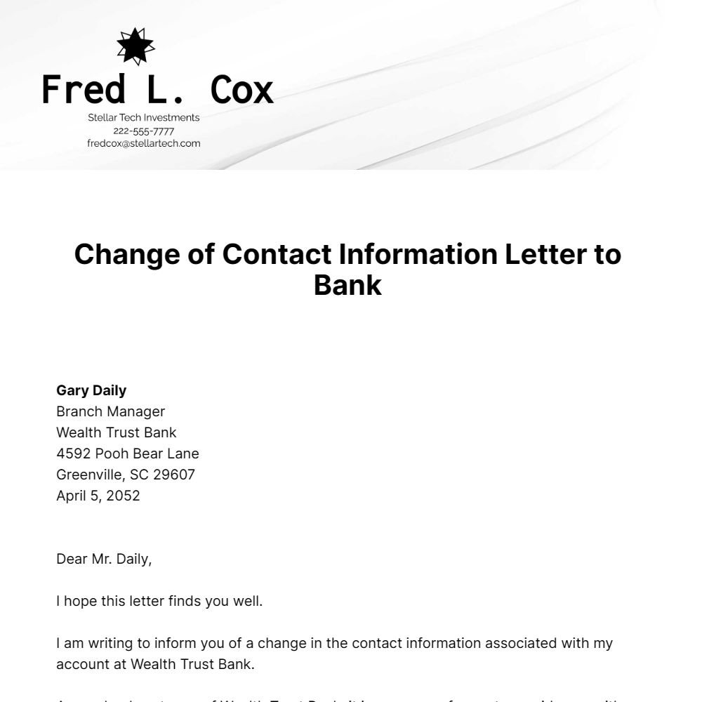Change of Contact Information Letter to Bank Template