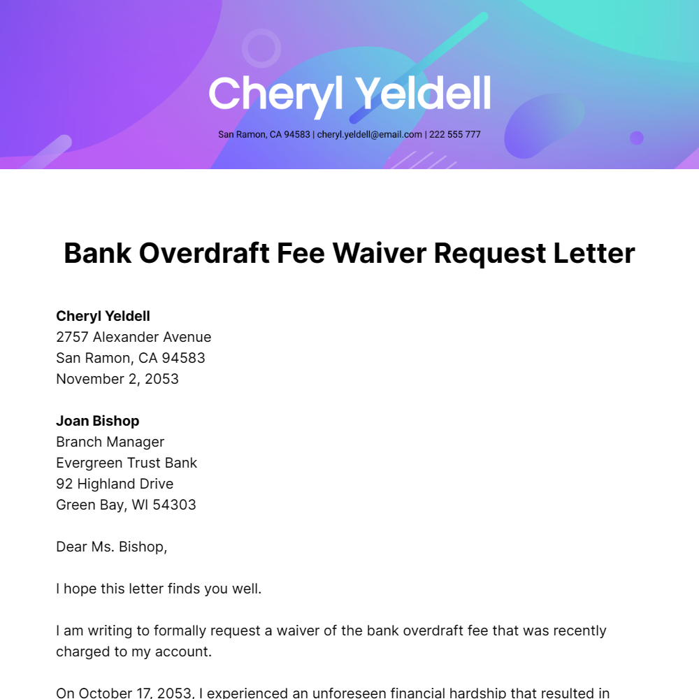 Free Bank Overdraft Fee Waiver Request Letter Template