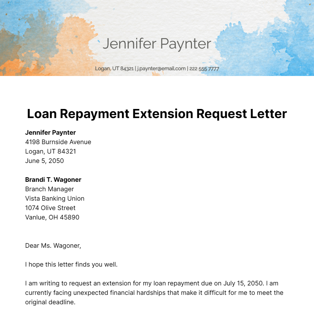 Loan Repayment Extension Request Letter Template