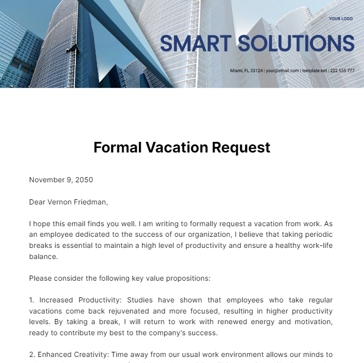 Request Letter for Vacation  Template