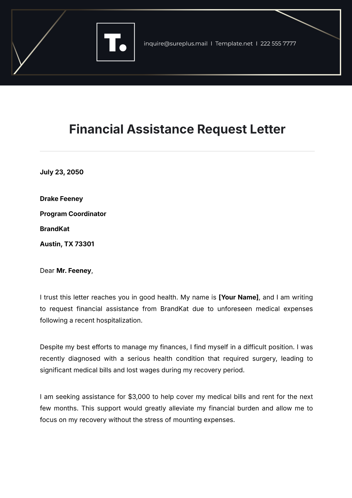 Financial Assistance Request Letter Template - Edit Online & Download