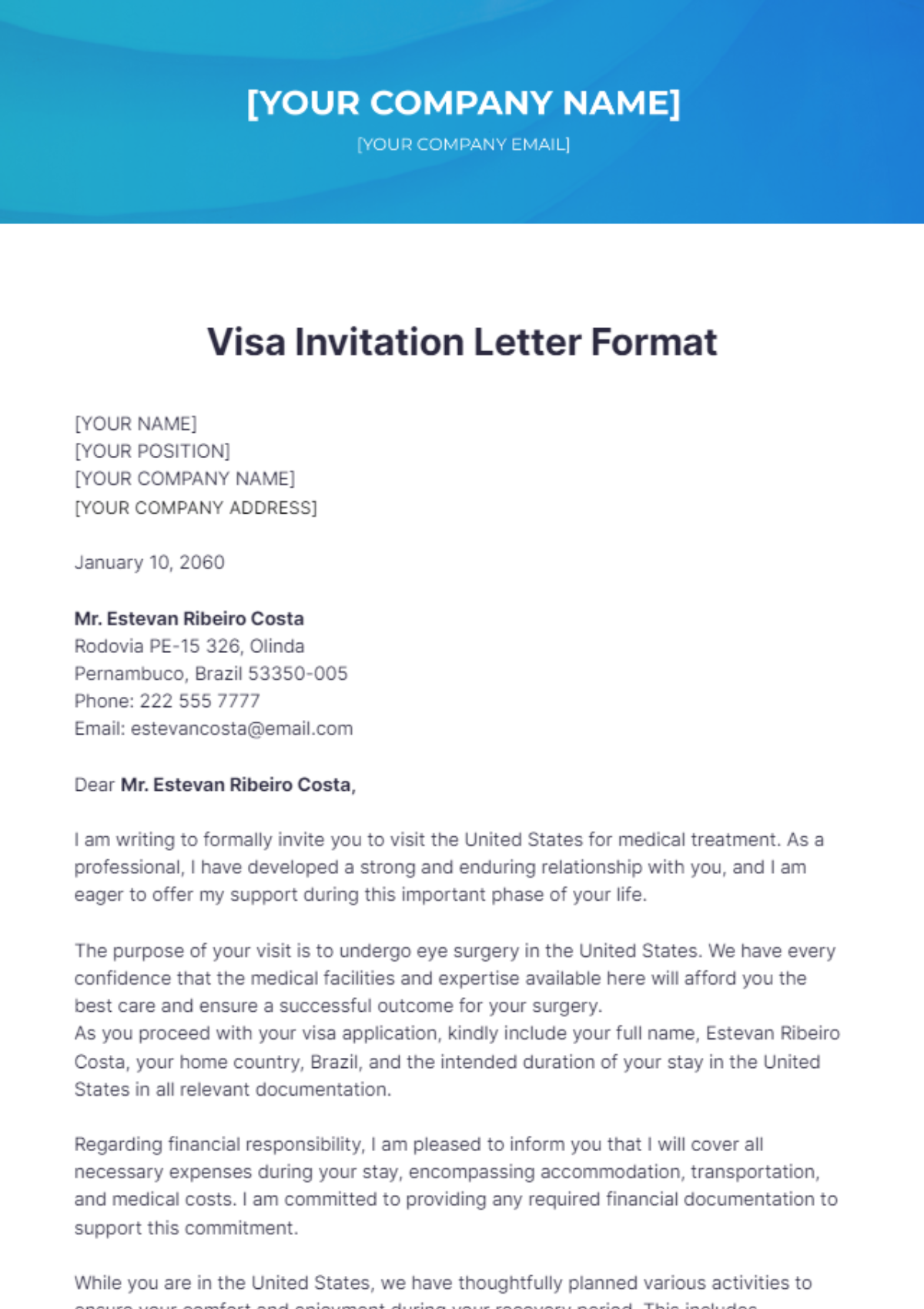 Free Visa Invitation Letter Format Template