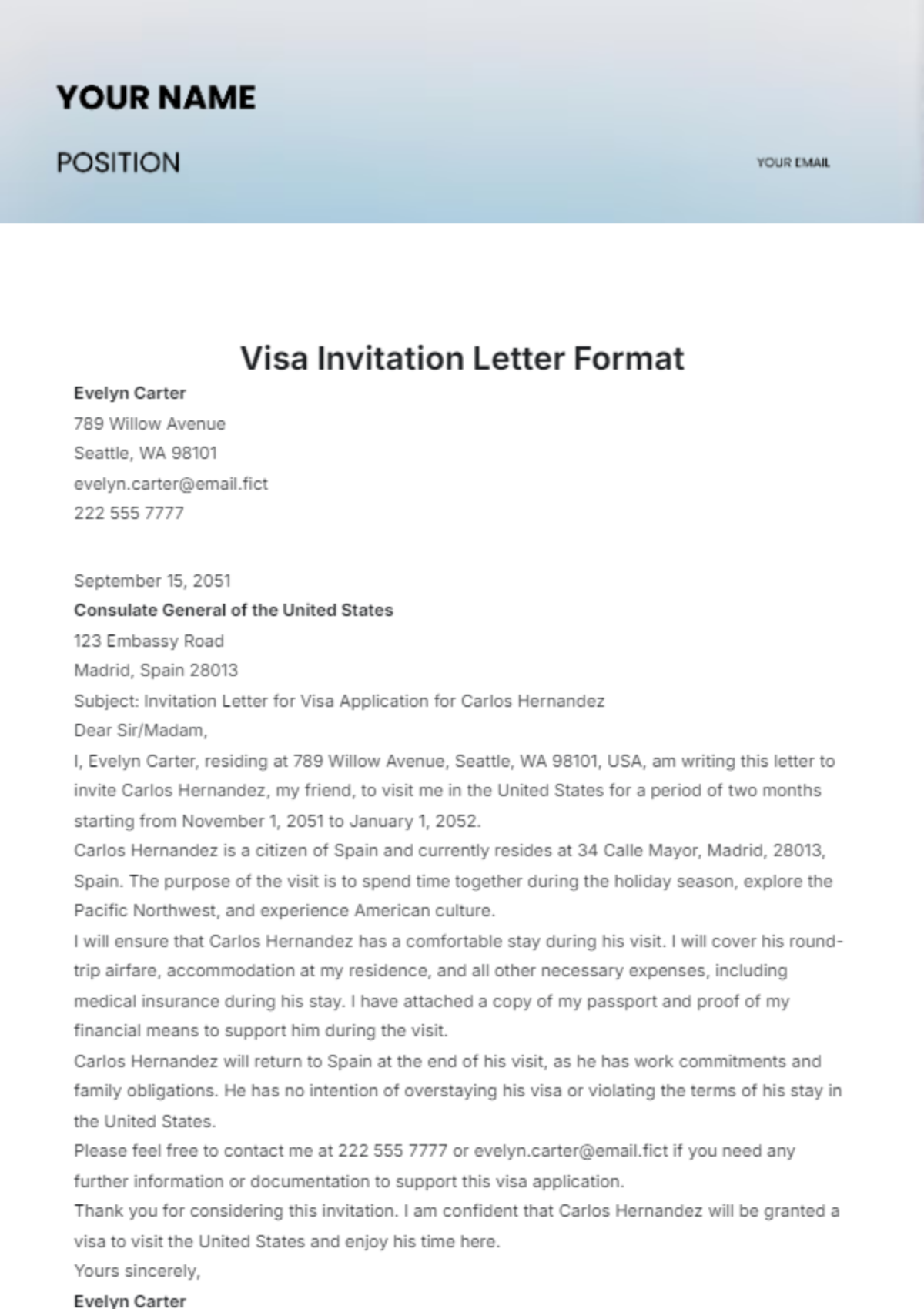 Visa Invitation Letter Format Template