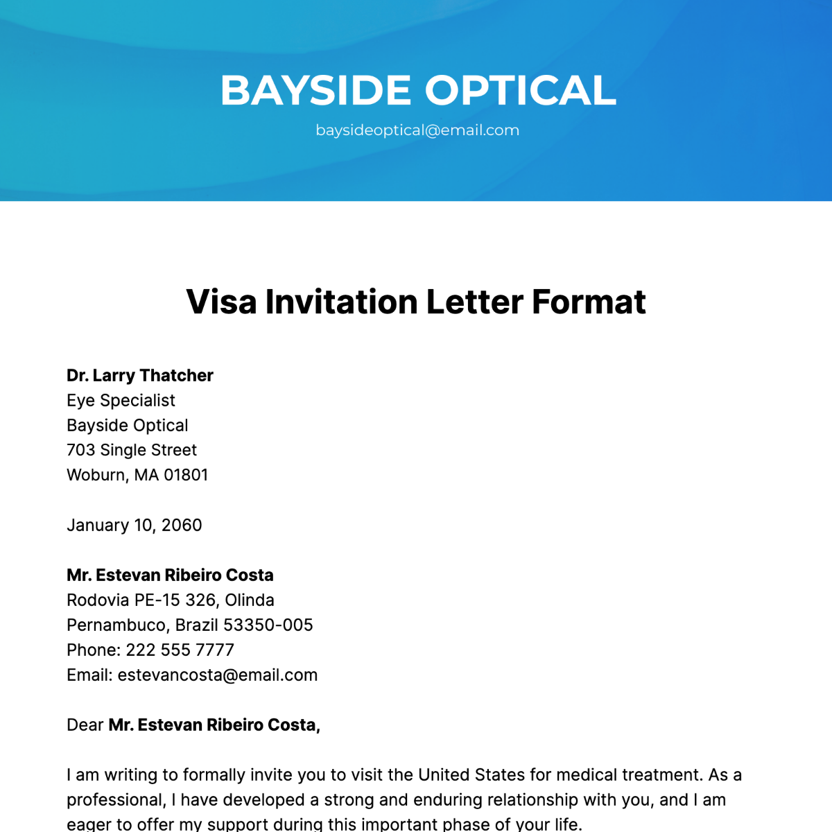 Visa Invitation Letter Format Template