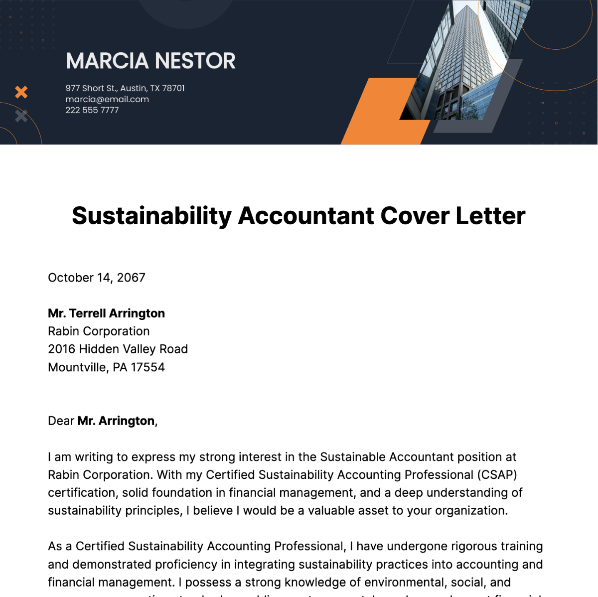 Sustainability Accountant Cover Letter Template