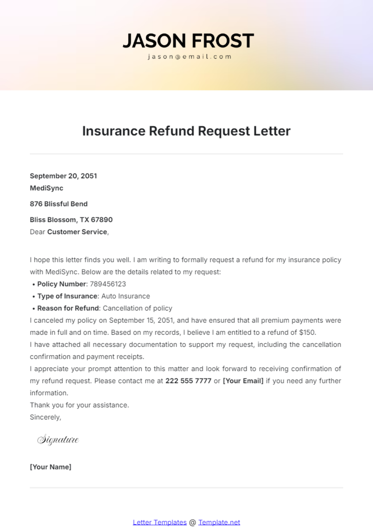 Insurance Refund Request Letter Template