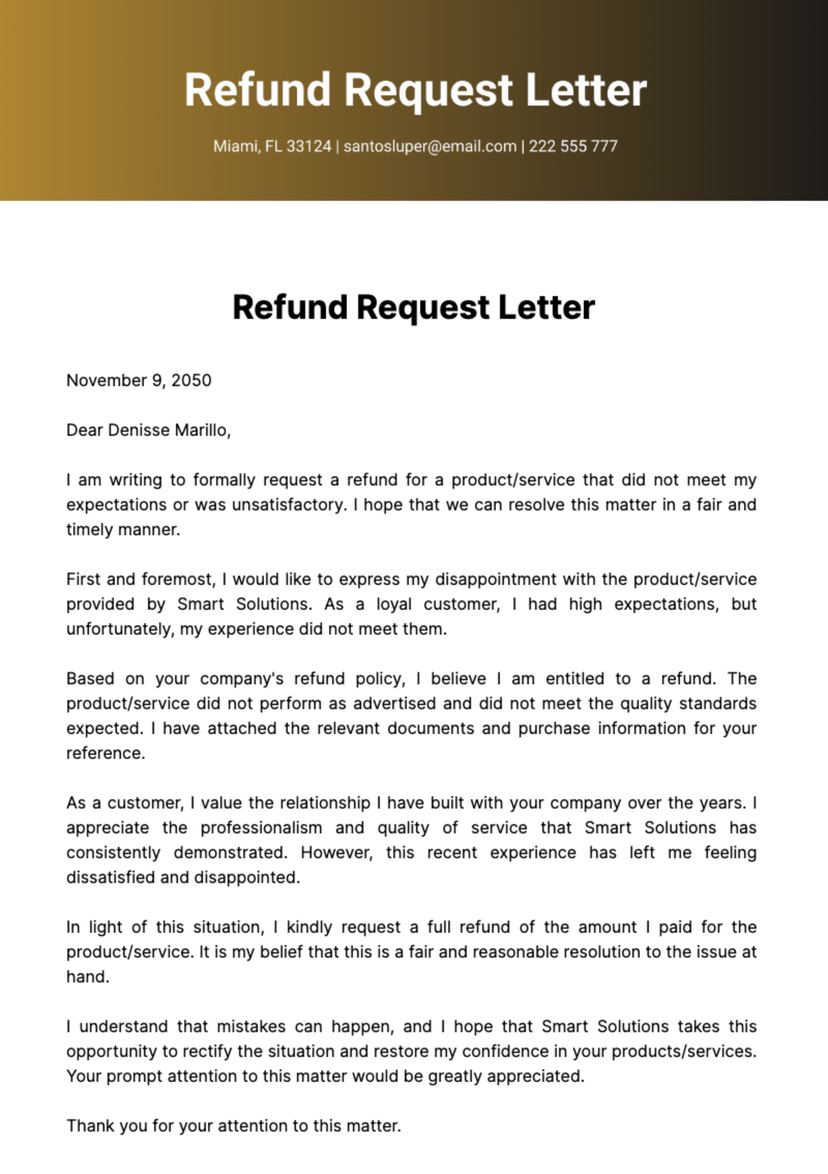 Free Refund Request Letter  Template