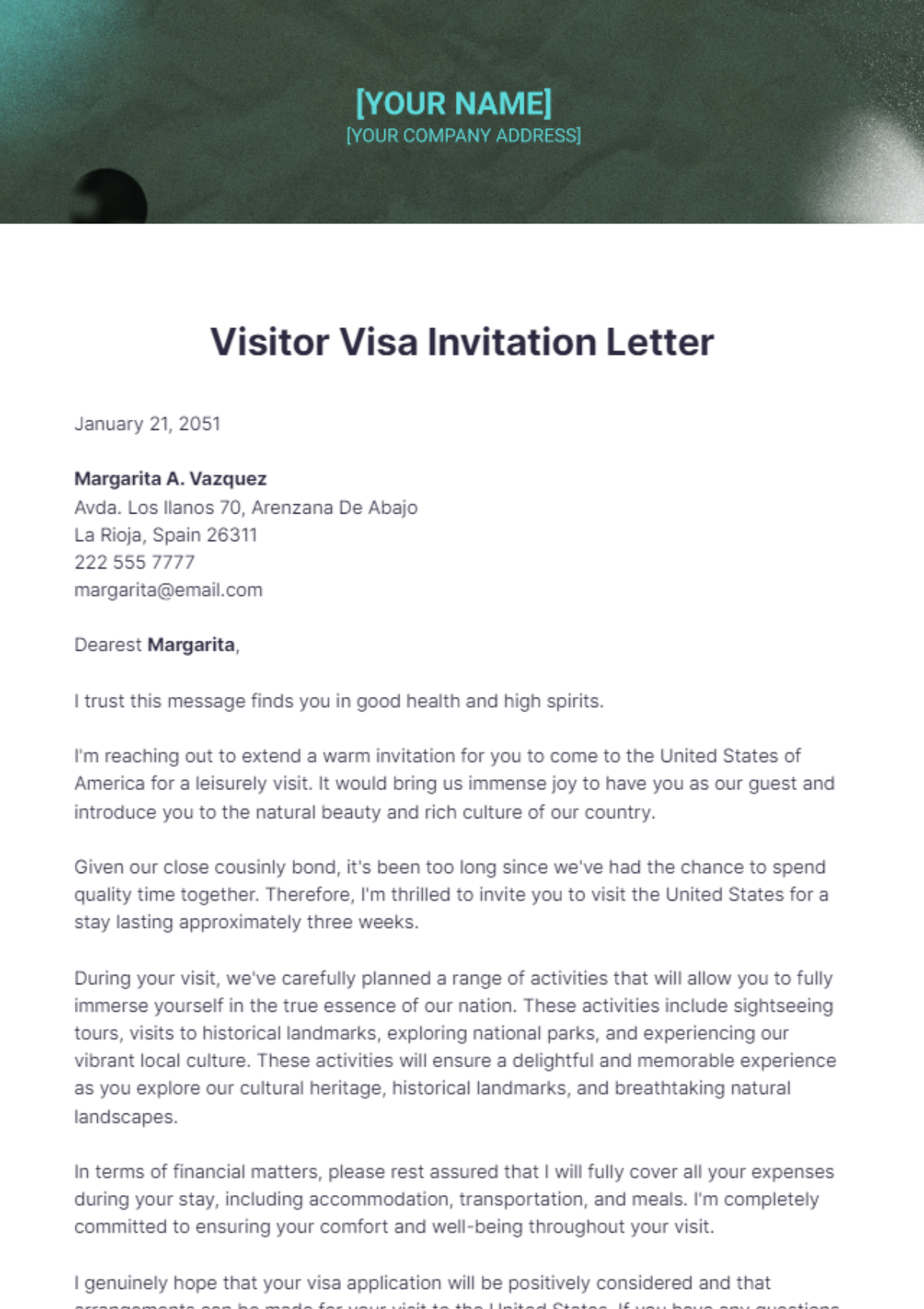 Visitor Visa Invitation Letter Template Edit Online And Download Example 6499