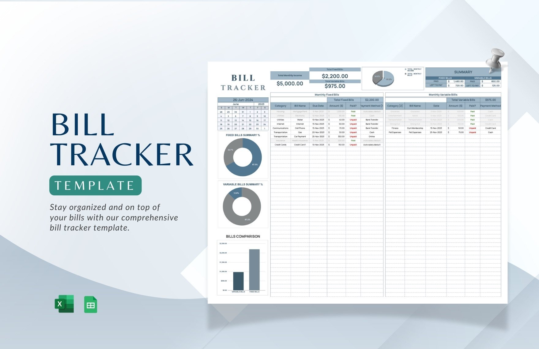 Bill Tracker Template in Excel, Google Sheets