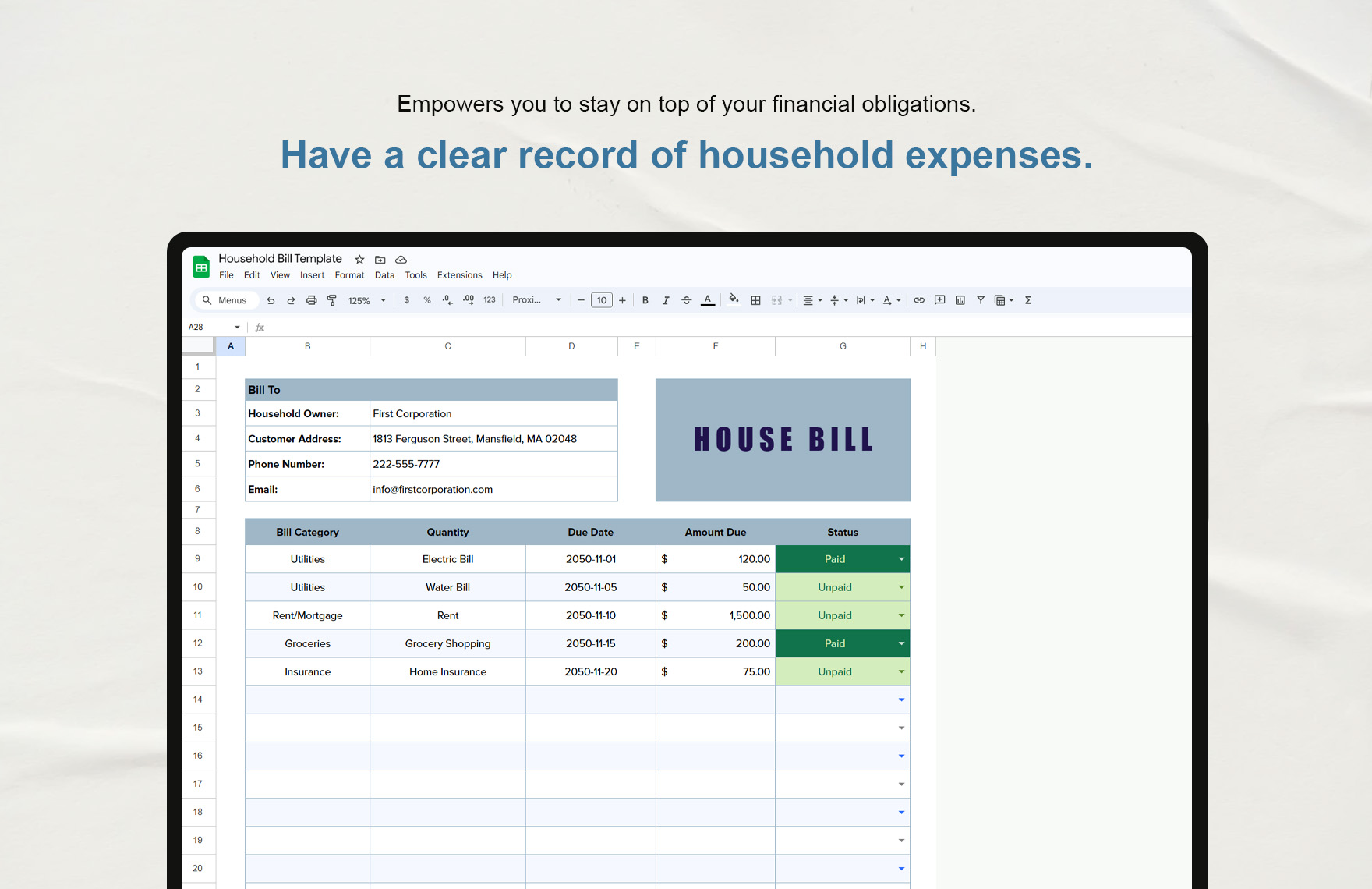Household Bill Template