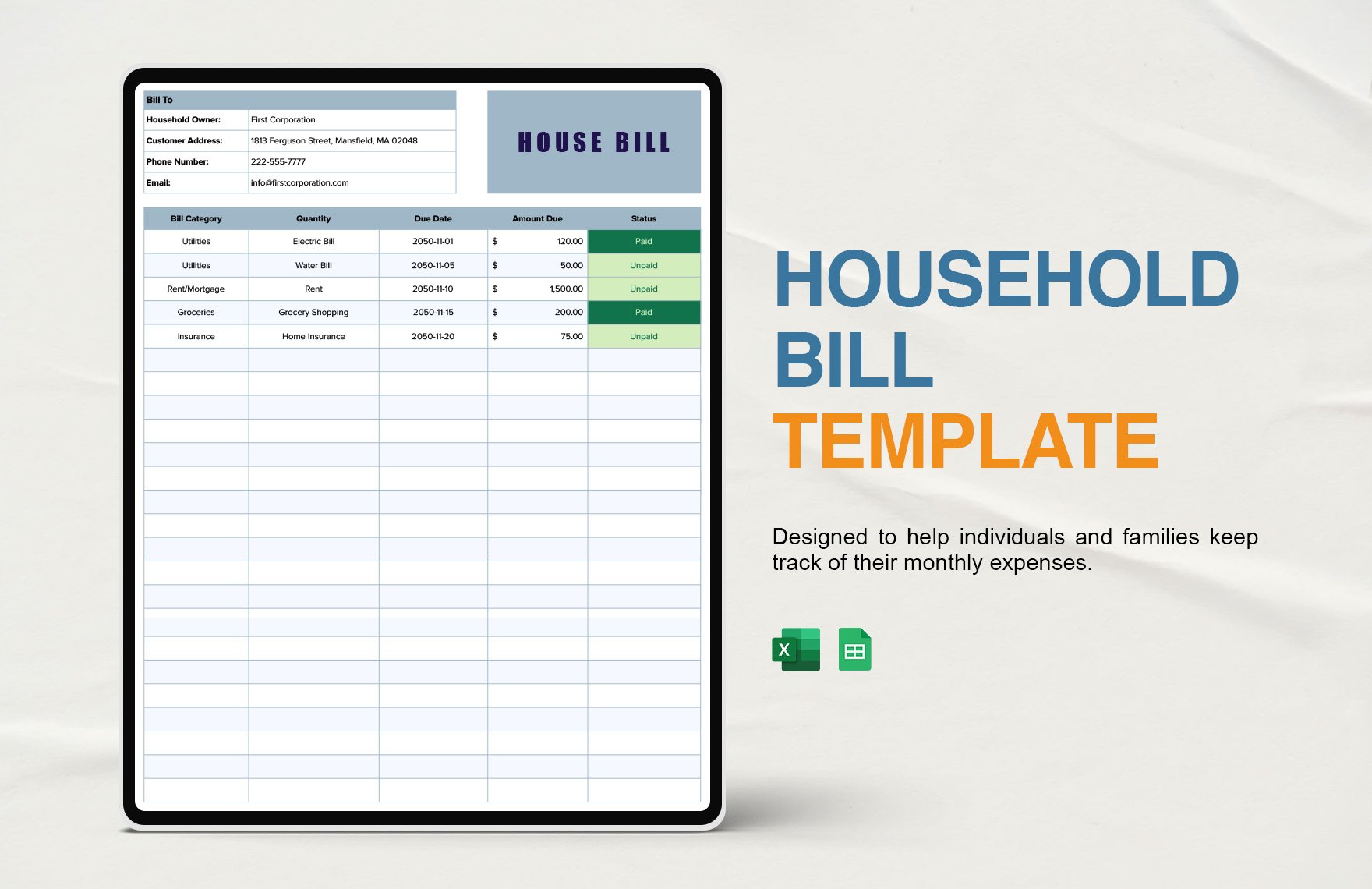 Household Bill Template in Excel, Google Sheets